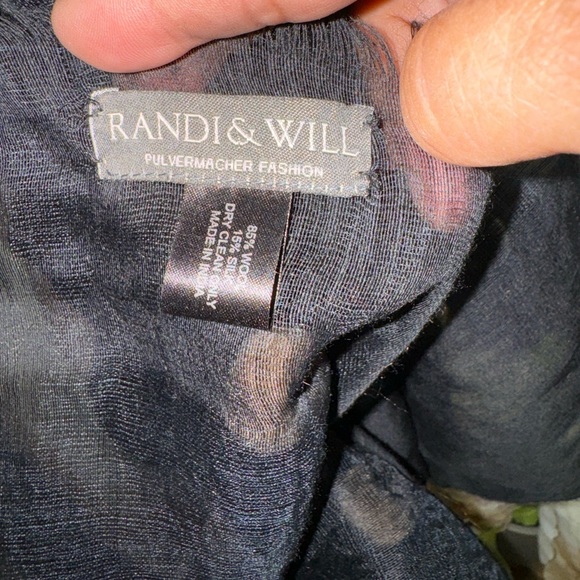 Randi & Will Collection Sheer Black Wool & Silk Scarf w/Taupe PomPoms - Picture 3 of 3